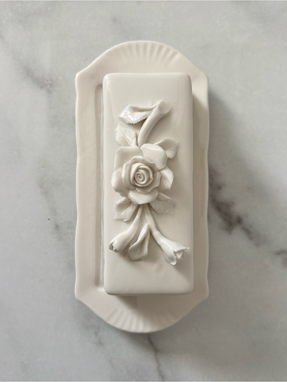 Grace’s Teaware Rose Floral Covered Butter Dish Cottagecore Cream Ceramic